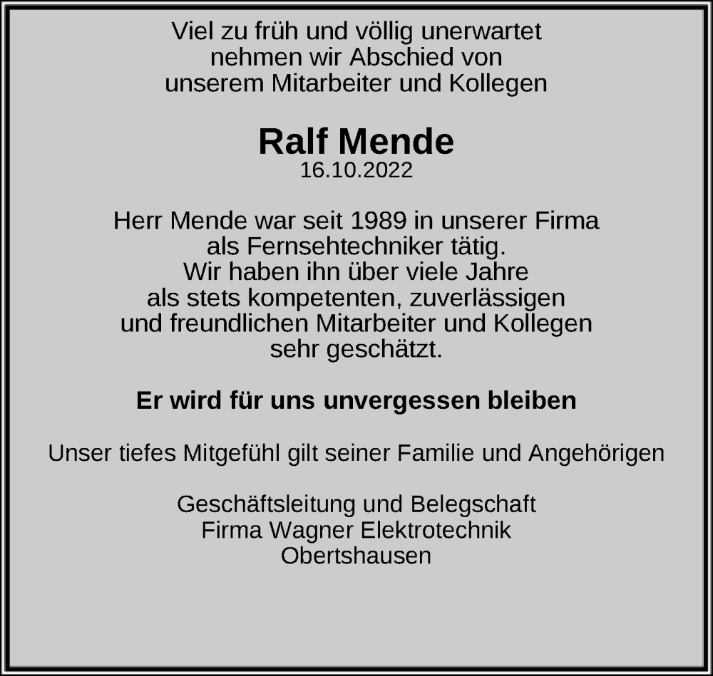  Traueranzeige für Ralf Mende vom 26.10.2022 aus OF