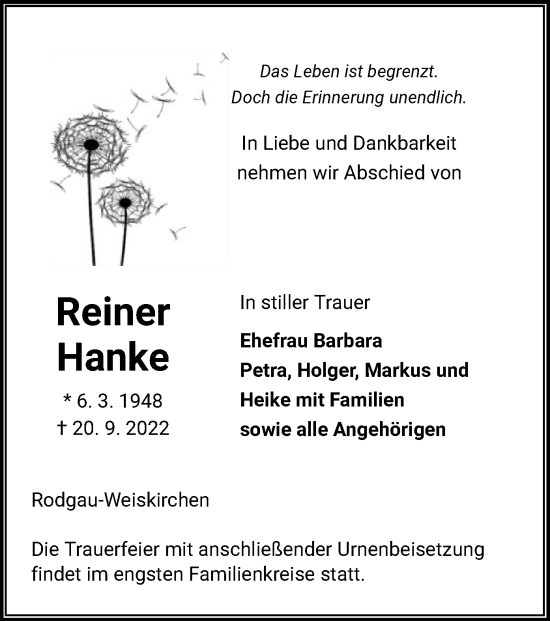 Traueranzeige von Reiner Hanke von OF