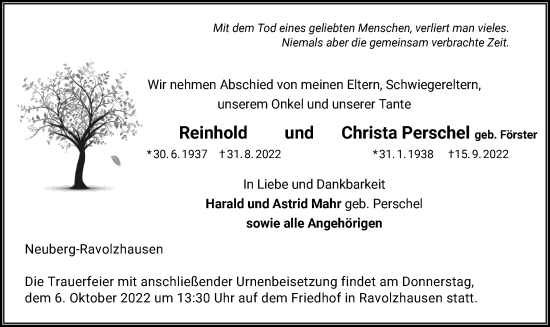 Traueranzeige von Reinhold und Christa Perschel von OF