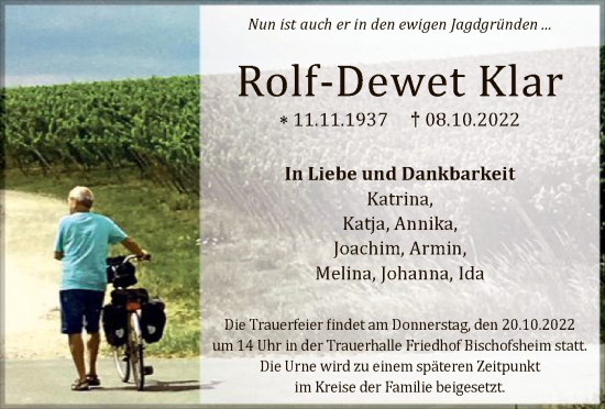 Traueranzeige von Rolf-Dewet Klar von OF