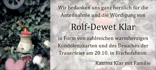 Traueranzeige von Rolf-Dewet Klar von OF