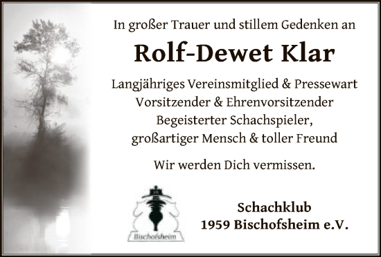 Traueranzeige von Rolf-Dewet Klar von OF