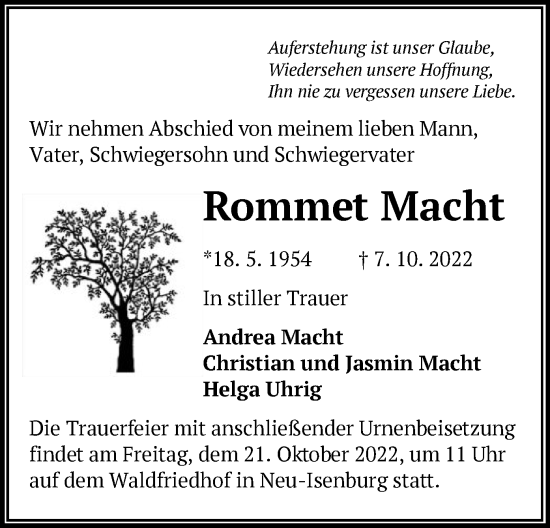 Traueranzeige von Rommet Macht von OF