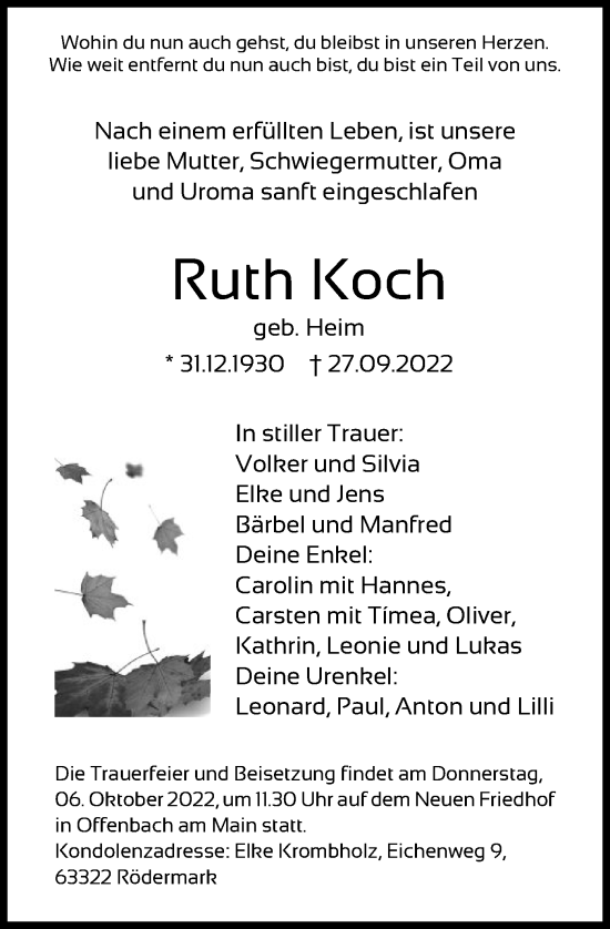 Traueranzeige von Ruth Koch von OF