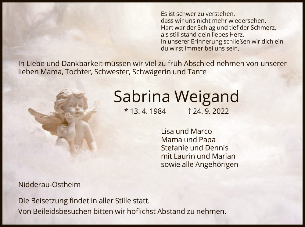  Traueranzeige für Sabrina Weigand vom 01.10.2022 aus OF