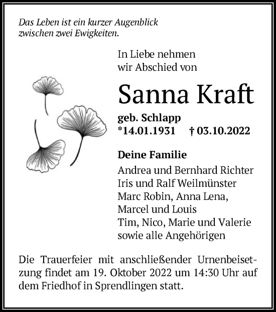 Traueranzeige von Sanna Kraft von OF