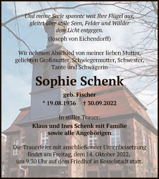 Traueranzeige von Sophie Schenk von OF