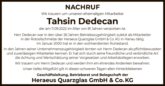 Traueranzeige von Tahsin Dedecan von OF