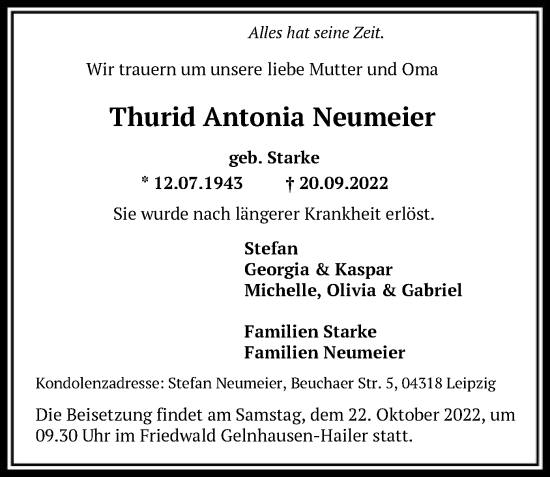 Traueranzeige von Thurid Antonia Neumeier von OF