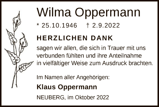 Traueranzeige von Wilma Oppermann von OF