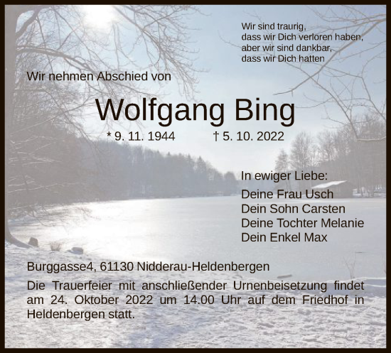 Traueranzeige von Wolfgang Bing von OF