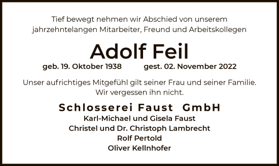 Traueranzeige von Adolf Feil von OF