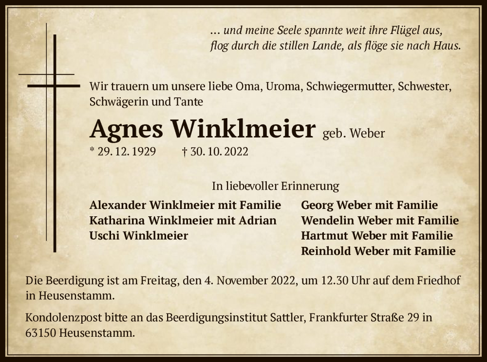  Traueranzeige für Agnes Winklmeier vom 02.11.2022 aus OF