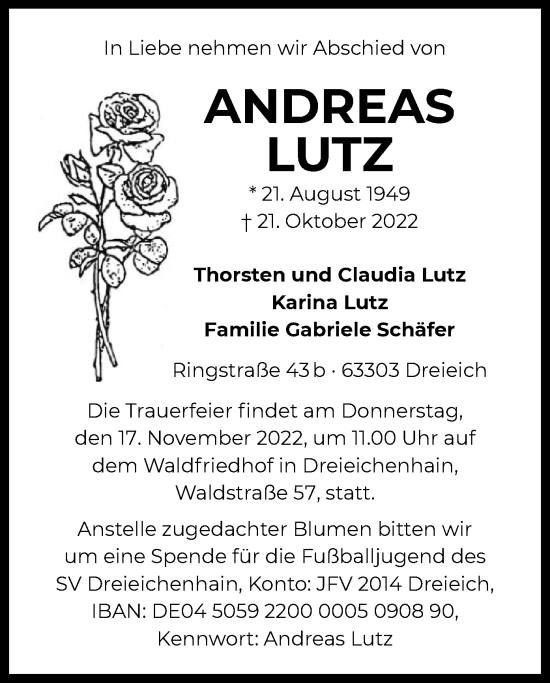 Traueranzeige von Andreas Lutz von OF