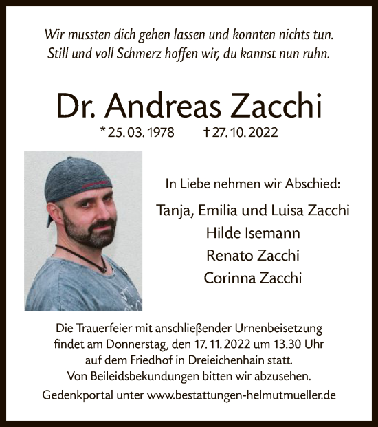 Traueranzeige von Andreas Zacchi von OF