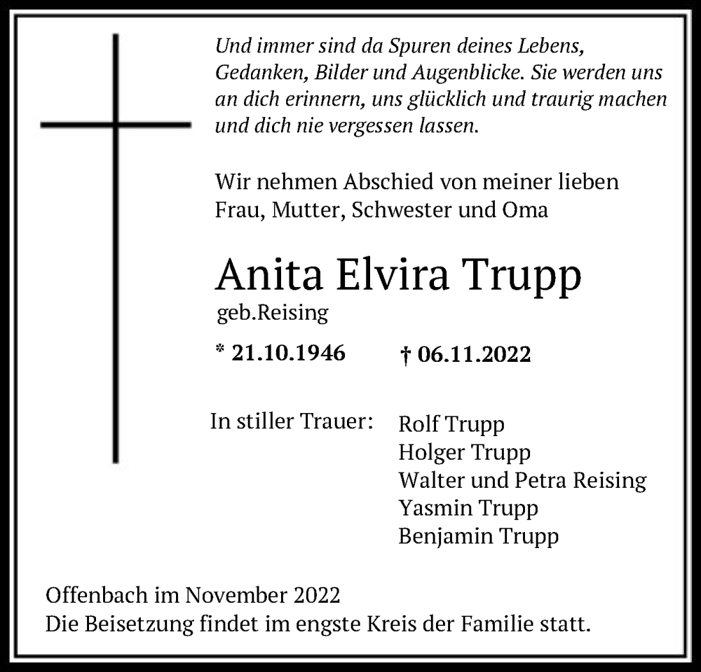  Traueranzeige für Anita Elvira Trupp vom 12.11.2022 aus OF