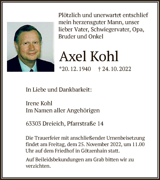 Traueranzeige von Axel Kohl von OF