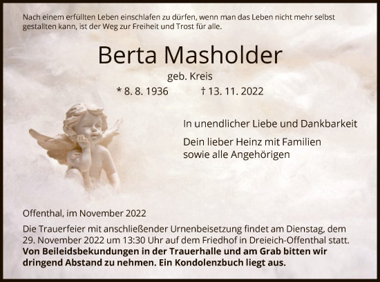 Traueranzeige von Berta Masholder von OF