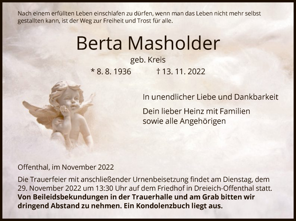  Traueranzeige für Berta Masholder vom 26.11.2022 aus OF