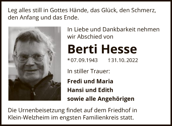 Traueranzeige von Berti Hesse von OF