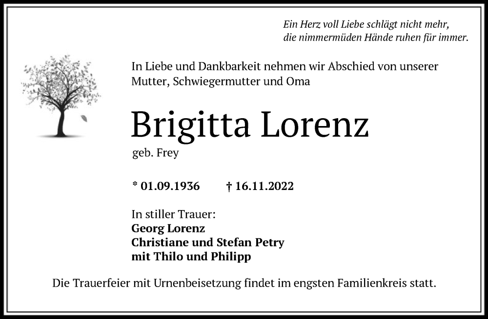  Traueranzeige für Brigitta Lorenz vom 24.11.2022 aus OF