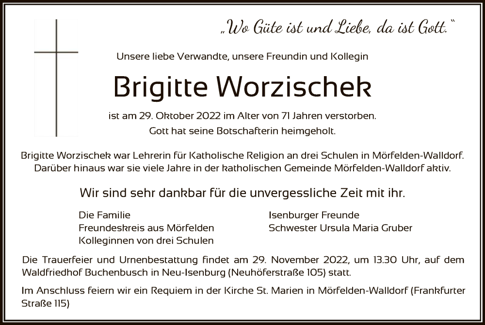  Traueranzeige für Brigitte Worzischek vom 24.11.2022 aus OF