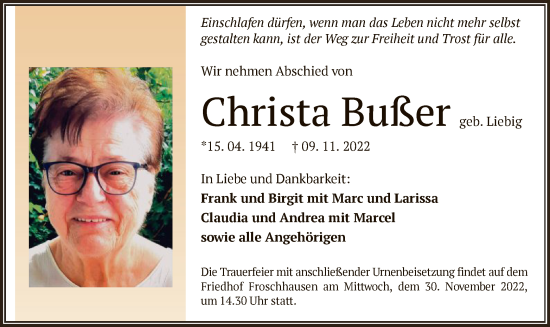 Traueranzeige von Christa Bußer von OF