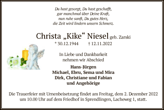 Traueranzeige von Christa Niesel von OF