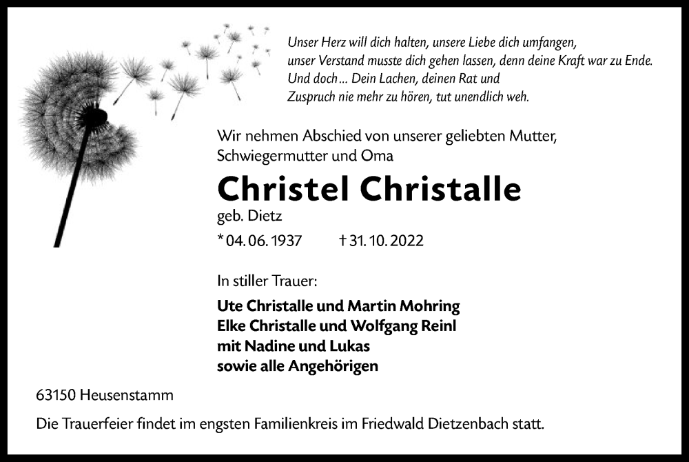  Traueranzeige für Christel Christalle vom 09.11.2022 aus OF