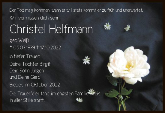 Traueranzeige von Christel Helfmann von OF