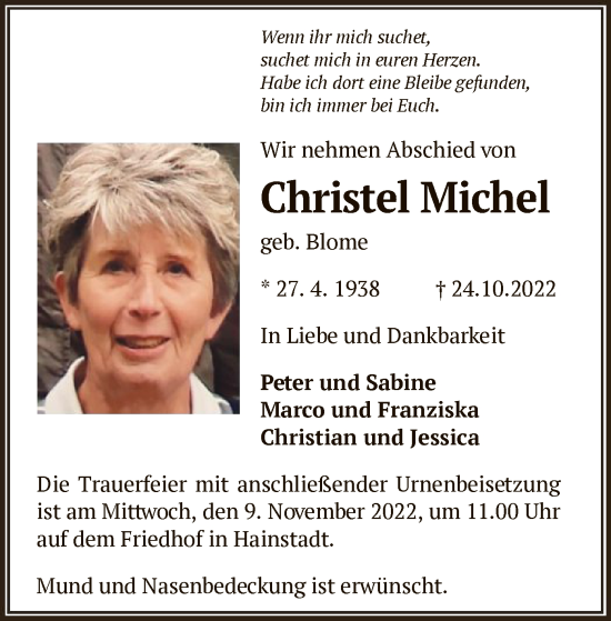 Traueranzeige von Christel Michel von OF