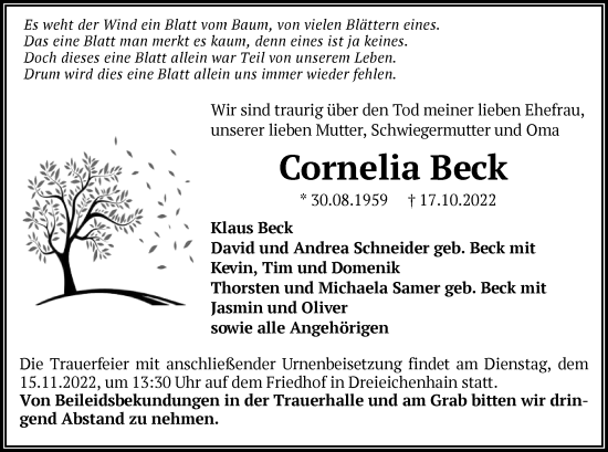 Traueranzeige von Cornelia Beck von OF