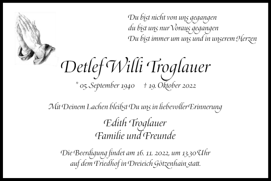 Traueranzeige von Detlef Willi Troglauer von OF