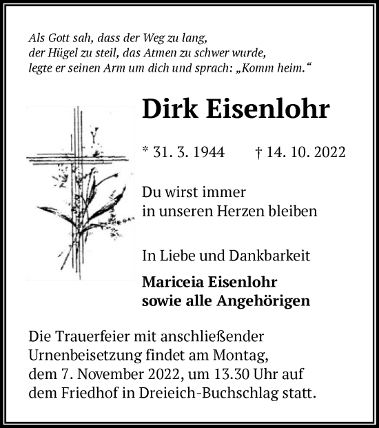 Traueranzeige von Dirk Eisenlohr von OF