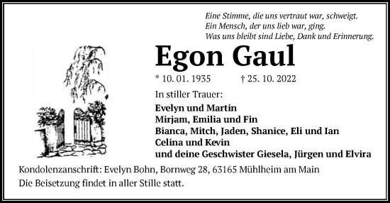 Traueranzeige von Egon Gaul von OF