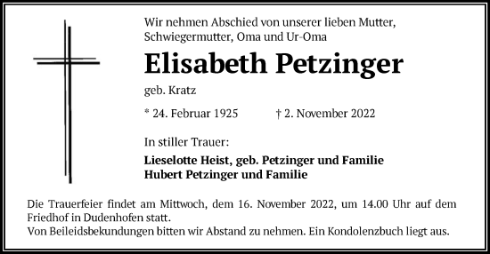 Traueranzeige von Elisabeth Petzinger von OF