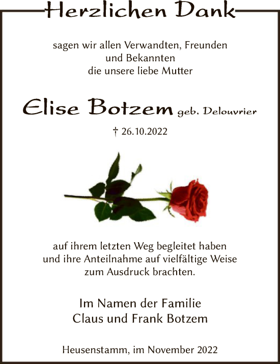 Traueranzeige von Elise Botzem von OF