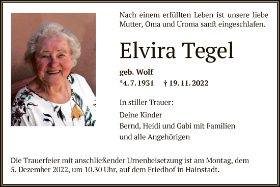 Traueranzeige von Elvira Tegel von OF