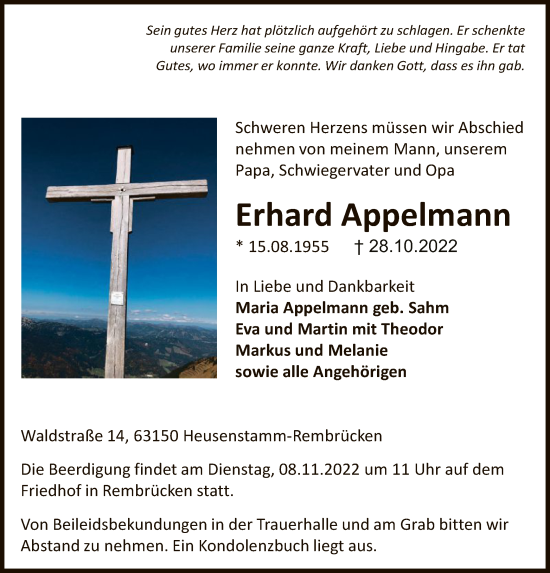 Traueranzeige von Erhard Appelmann von OF