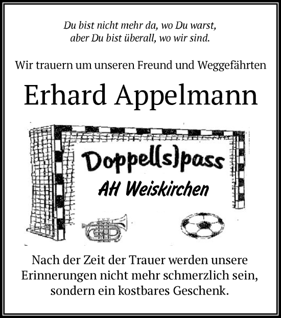 Traueranzeige von Erhard Appelmann von OF