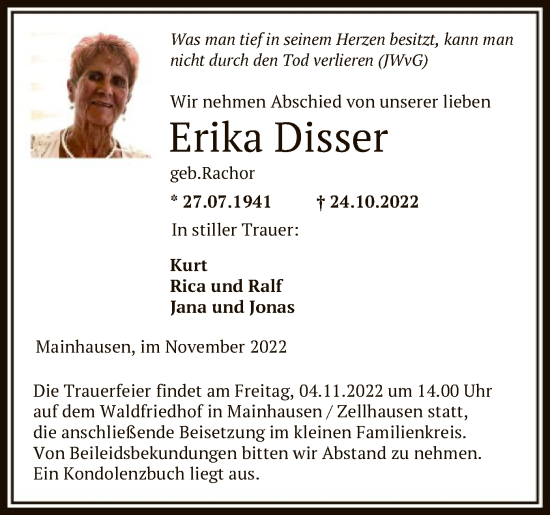 Traueranzeige von Erika Disser von OF