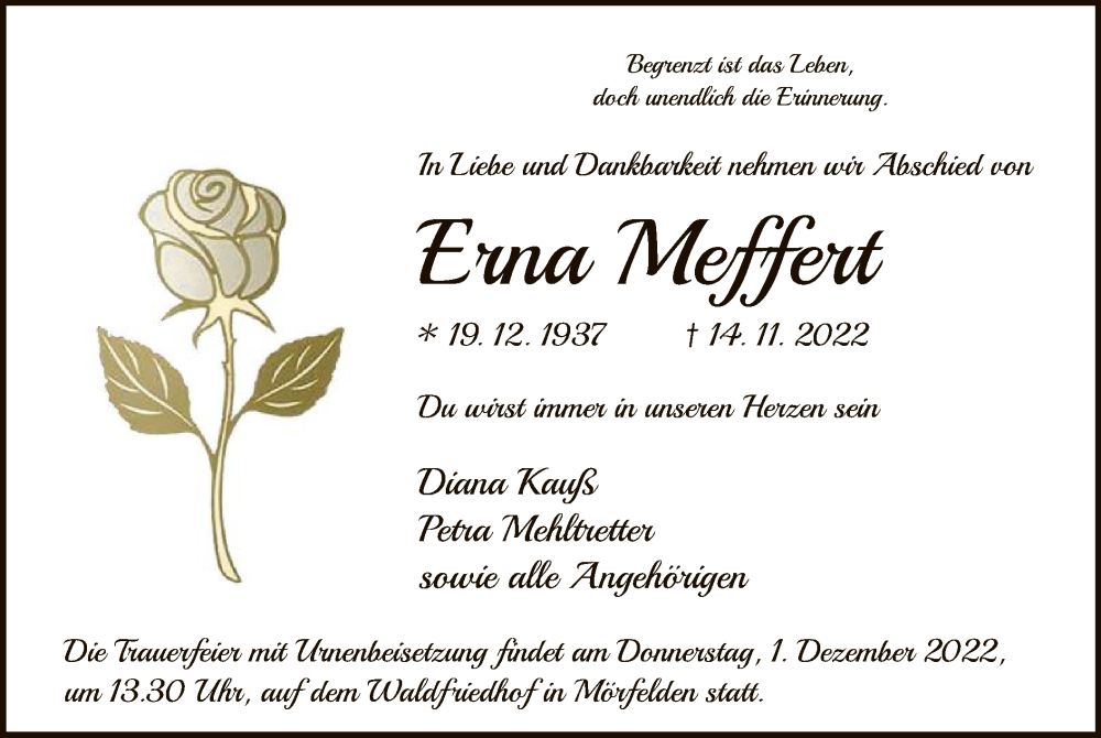  Traueranzeige für Erna Meffert vom 24.11.2022 aus OF