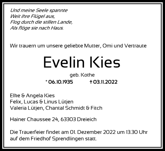 Traueranzeige von Evelin Kies von OF