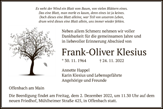 Traueranzeige von Frank-Oliver Klesius von OF