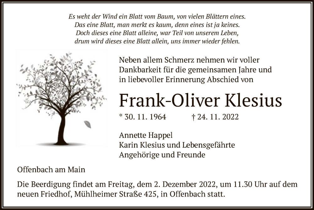  Traueranzeige für Frank-Oliver Klesius vom 29.11.2022 aus OF