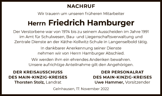 Traueranzeige von Friedrich Hamburger von OF