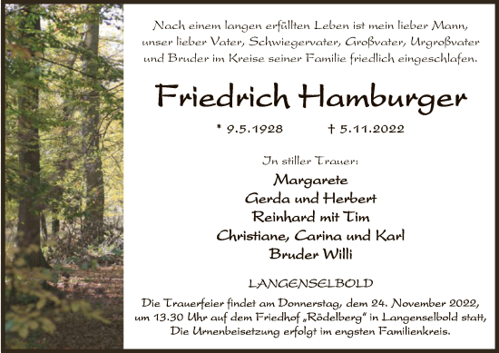 Traueranzeige von Friedrich Hamburger von OF