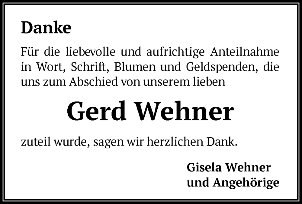  Traueranzeige für Gerd Wehner vom 19.11.2022 aus OF