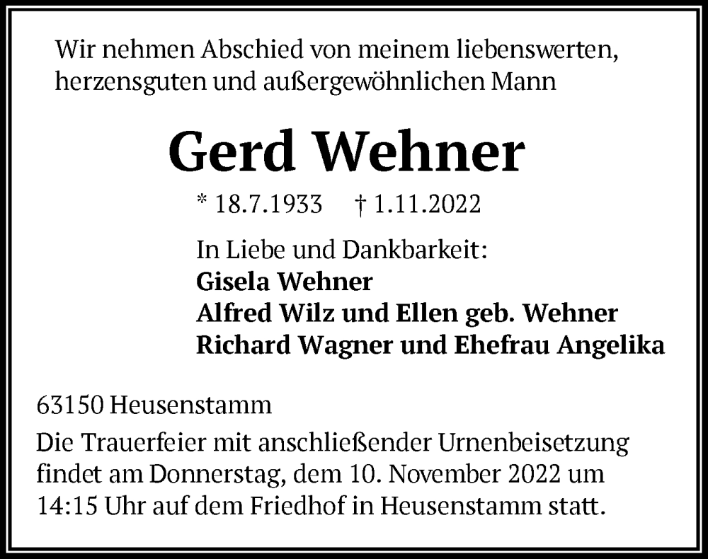  Traueranzeige für Gerd Wehner vom 09.11.2022 aus OF