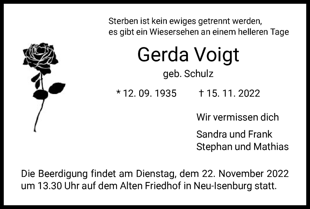  Traueranzeige für Gerda Voigt vom 19.11.2022 aus OF